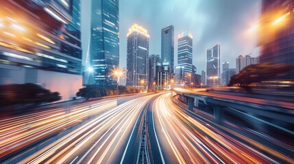 Fototapeta premium Evening city traffic on highway amidst modern high buildings.