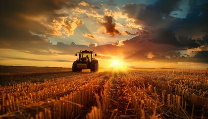 Fototapeta premium Tractor Silhouette at Sunset Over a Golden Field