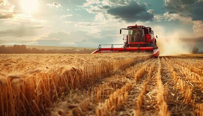 Obraz premium Harvesting Wheat Field at Sunset