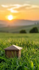 Miniature House in a Field at Sunset.