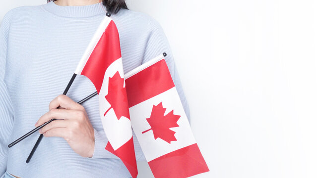 Unrecognized girl student in white blue shirt holding small Canadian flag over gray background, Canada day, holiday, vote, immigration, tax, copy space