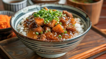 Boiled pork rice served in a bowl in a traditional restaurant atmosphere.