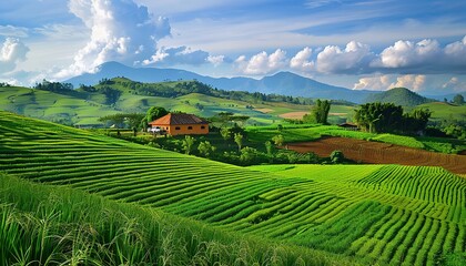Naklejka premium Serene Landscape with Rolling Green Hills and a Small House