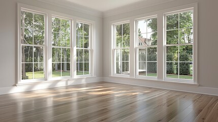 Fototapeta premium Empty Room with Large Windows and Hardwood Floor.