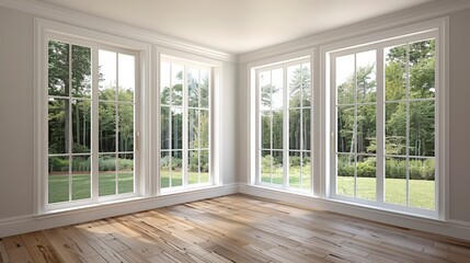 Fototapeta premium Large windows overlooking a forest.