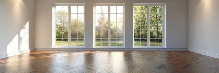 Fototapeta premium Empty Room with Three Windows and Wooden Floor.