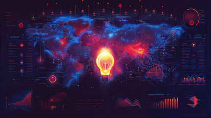 Obraz premium A computer screen shows a glowing light bulb in the middle of a map of the world. The light bulb is surrounded by a variety of colorful icons and numbers, indicating a complex and dynamic system