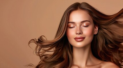 Fototapeta premium Beautiful woman with long flowing brown hair, cosmetic salon, beauty, shampoo, hairstyle and women's hair care.