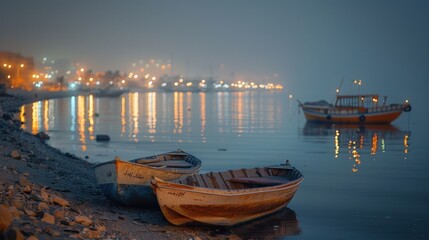 Evening Calm by the Shore with Boats and City Lights