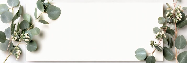 Eucalyptus branches with white flowers on white background.