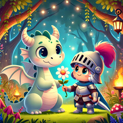 dragon and boy with helmet giving flower illustration 2d