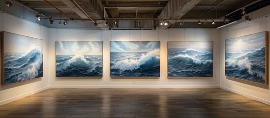 Interior of a gallery showcasing a sequence of large, expressive oil paintings of seascapes, capturing the tumultuous beauty of the ocean waves. 