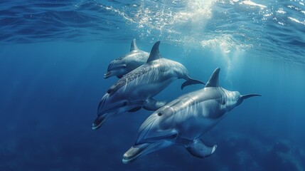 High angle view of two Bottlenose Dolphins, tursiops truncatus, swimming close to surface