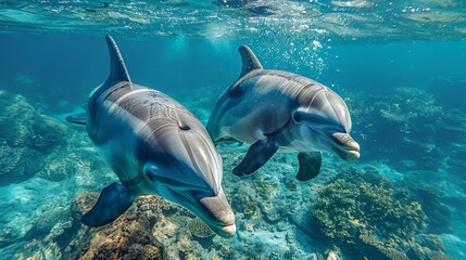 Fototapeta premium High angle view of two Bottlenose Dolphins, tursiops truncatus, swimming close to surface