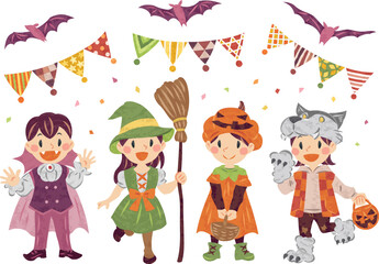 10月　ハロウィーン　仮想衣装を着た子供たちのイラスト	