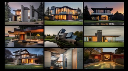 Collection of images of a modern house in the evening. Collage