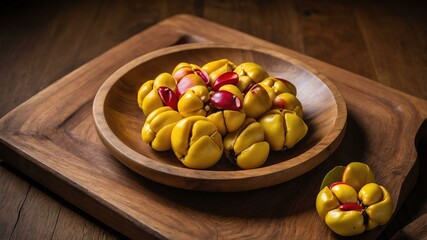 ackee fruit served in wooden plate and wooden table