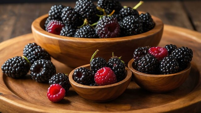 boysenberry fruit served in wooden plate and wooden table