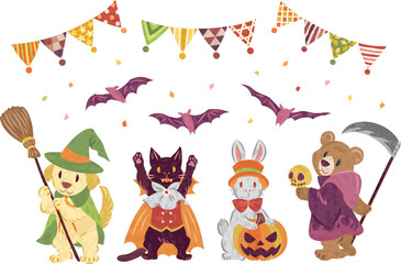 10月　ハロウィーン　仮想衣装を着た動物たちのイラスト