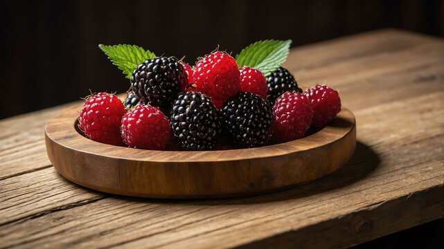 loganberry fruit served in wooden plate and wooden table