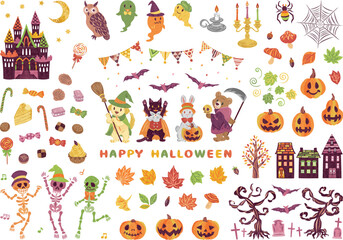 10月　ハロウィーン　仮想衣装を着た動物たち　ジャックオランタン　イラスト素材セット