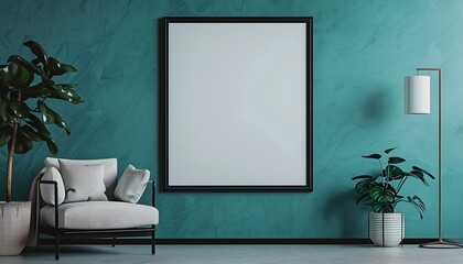 Single large black frame on a muted teal wall, sophisticated and calm living room