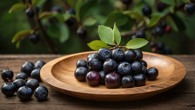 saskatoon berry fruit served in wooden plate and wooden table