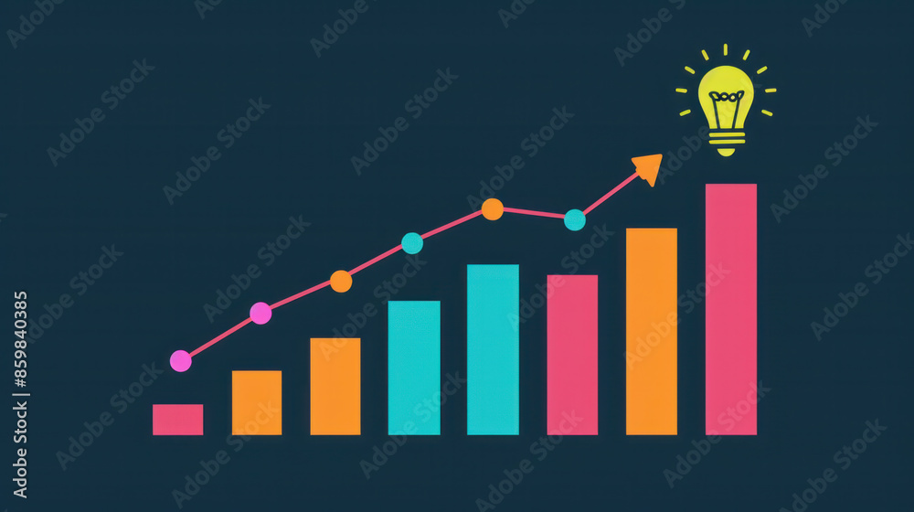Poster a graph with a light bulb on top of it. the graph is a series of bars with different colors, and the