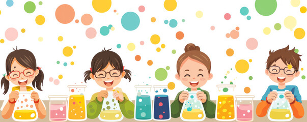 Fototapeta premium A group of children are sitting at a table with various science experiments and colorful liquids. They are all smiling and seem to be enjoying themselves. Concept of fun and learning