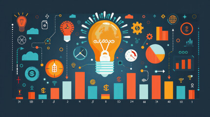A colorful drawing of a light bulb surrounded by various shapes and numbers. Concept of creativity and innovation, with the light bulb representing a new idea or concept