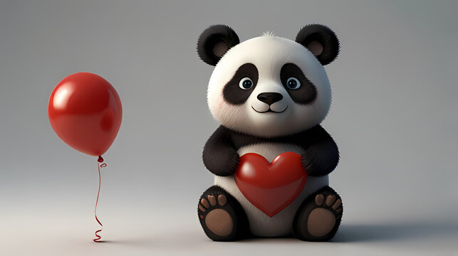 a panda holding a heart shaped balloon on a white background for Valentine Event