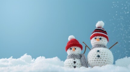 Obraz premium little knitted snowmans on soft snow on blue background