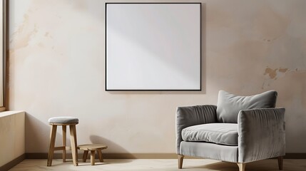 Single square frame on a light beige wall in a living room with a light gray velvet armchair and a small wooden stool.