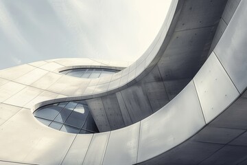 Modern architectural marvel with curvilinear shapes, showcasing a futuristic and sleek design of a building with embedded windows.

