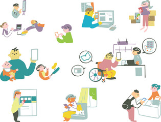 デジタル化されたマイナンバーカードを使いさまざまなサービスにアクセスする人々　セットのストック素材

