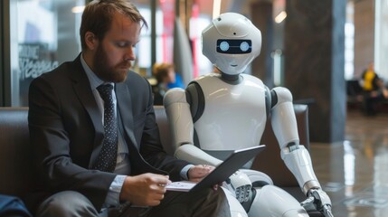 Man and AI robot waiting for a job interview AI vs huma concept