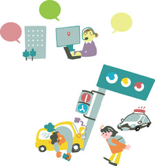 交通事故現場と応対するオペレーター　ストックイラスト素材のセット
