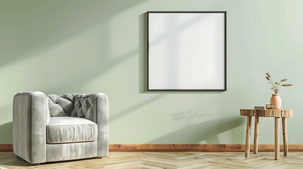 Fototapeta premium Single square frame on a light green wall in a living room with a light gray velvet armchair and a wooden side table.
