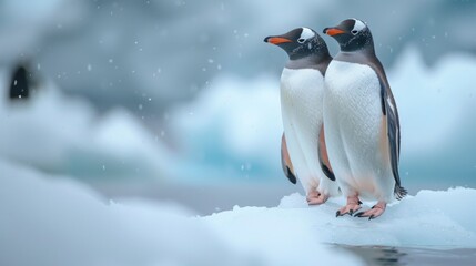 Fototapeta premium Pair of gentoo penguins in wild nature, on iceberg in the sea water