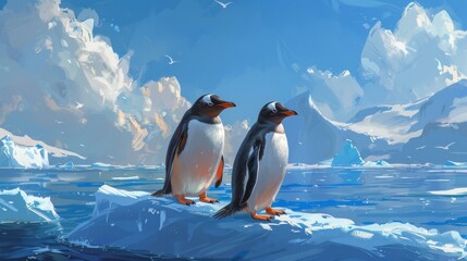 Fototapeta premium Pair of gentoo penguins in wild nature, on iceberg in the sea water