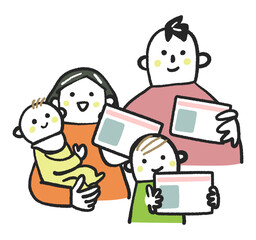 マイナンバーカードまたはカードを手に持つ子育てファミリー　ストックイラスト素材

