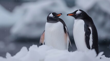 Fototapeta premium Pair of gentoo penguins in wild nature, on iceberg in the sea water