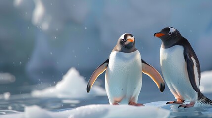 Naklejka premium Pair of gentoo penguins in wild nature, on iceberg in the sea water
