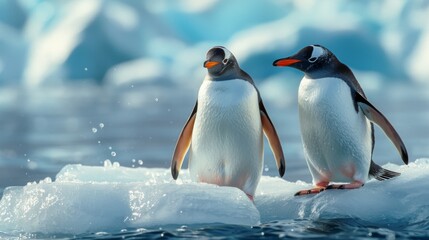 Fototapeta premium Pair of gentoo penguins in wild nature, on iceberg in the sea water