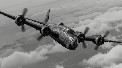WWIIera Japanese bomber in flight, vintage aviation, monochrome, detailed textures, historical accuracy, 3D digital art