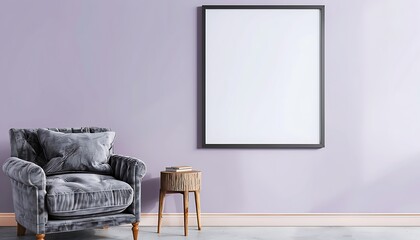Single square frame on a light purple wall in a living room interior. The room includes a gray velvet armchair and a wooden side table.