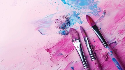 Artistic banner with paint brushes on a pink background Space for text