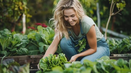 Obraz premium pretty blonde young woman harvesting fresh lettuce from raised bed, vegetable patch in garden and is happy