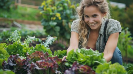 Fototapeta premium pretty blonde young woman harvesting fresh lettuce from raised bed, vegetable patch in garden and is happy