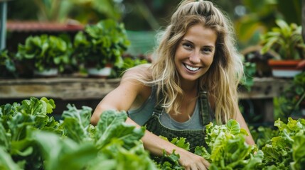Fototapeta premium pretty blonde young woman harvesting fresh lettuce from raised bed, vegetable patch in garden and is happy